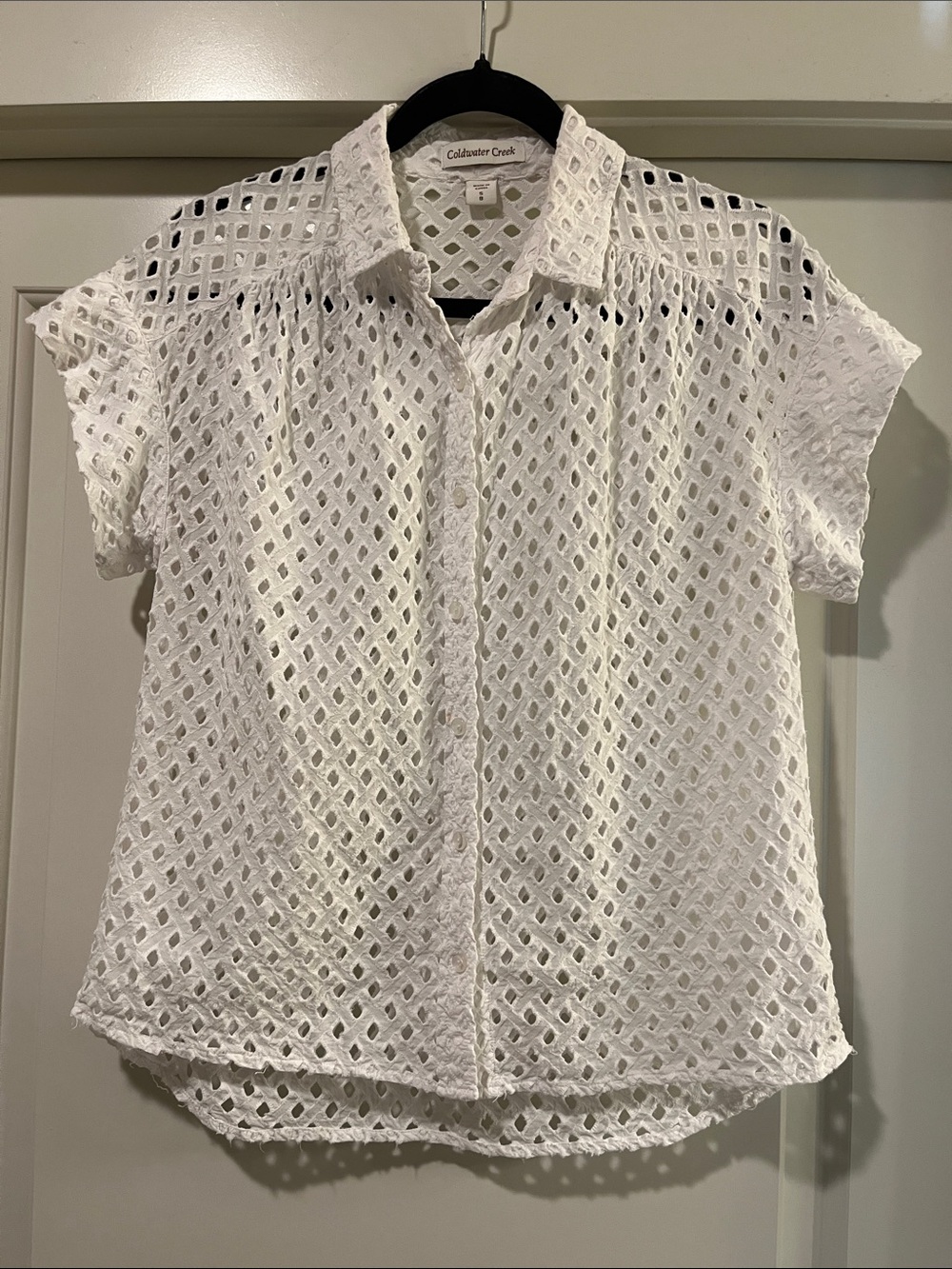 Coldwater Creek White Eyelet Short Sleeve Button-Front Shirt